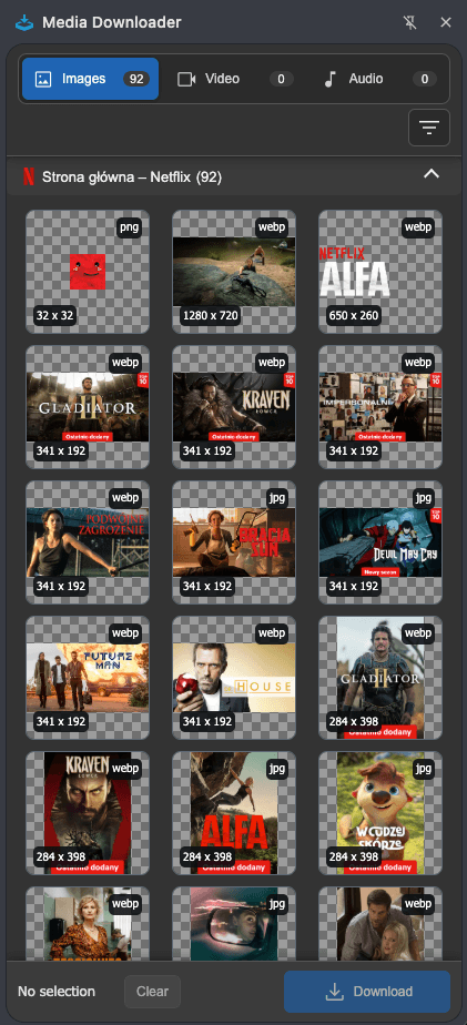 Media Downloader side panel in dark theme