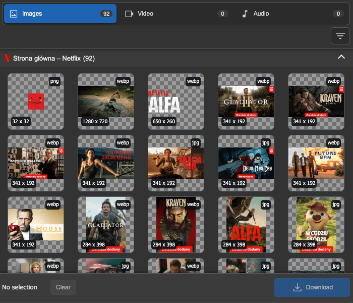 Media Downloader popup in dark theme